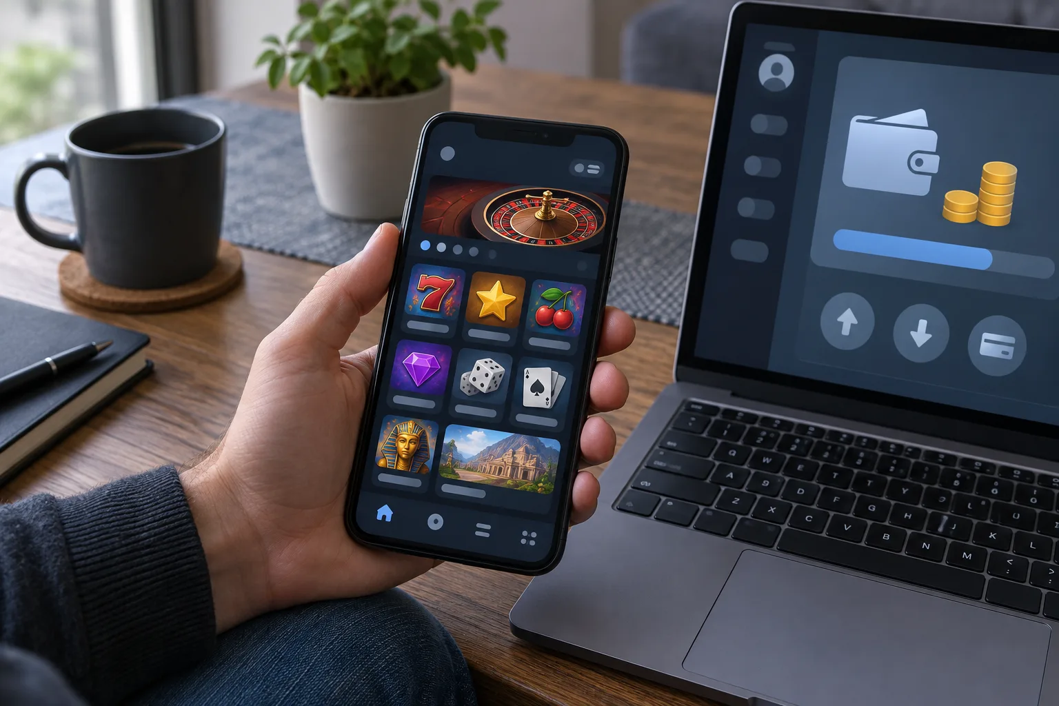 Mobile gaming screen showing slot categories, live tables and sports markets