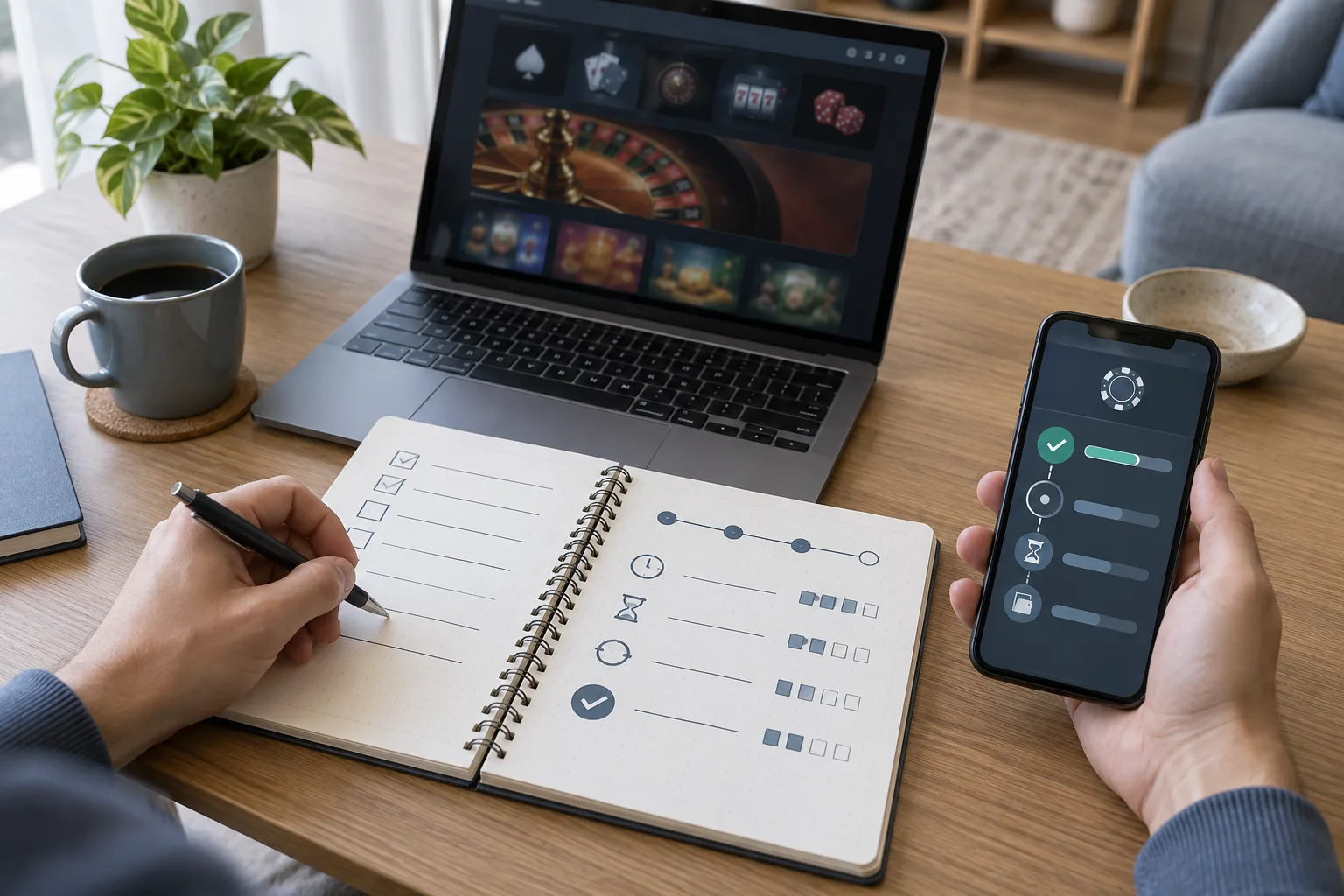Notebook beside a phone displaying payment records and a customer support chat