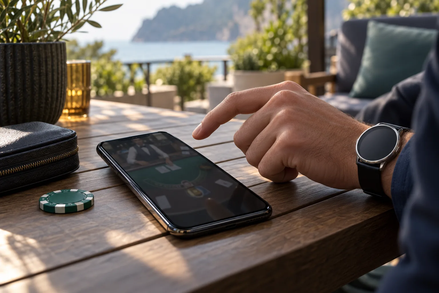 An anonymous player's hand paused above a smartphone after an apparent screen delay, The hovering finger remains off the